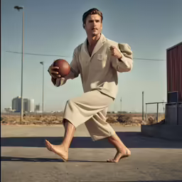 man in beige suit with a football and wearing shoes