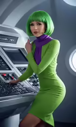 an attractive woman in a green dress leaning on a machine