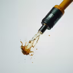 a black and yellow pipe with liquid flying from it