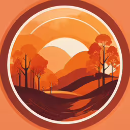 a colorful painting of trees in a circle with sunset in the background,a painting of a sun and trees and a landscape