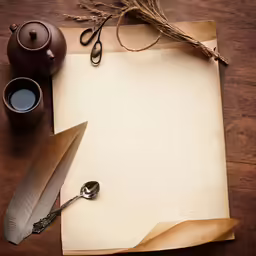 a sheet of parchment with a knife on it sitting next to a teapot and two spoons