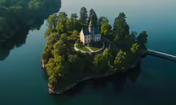 an aerial view of an island with a house