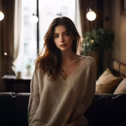 the young woman is sitting on the couch wearing a sweater