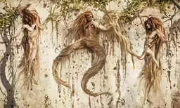 the three beautiful woman in the water are surrounded by trees