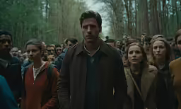a man in brown jacket surrounded by other people