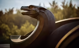 a dinosaur head mounted on the back of a fountain