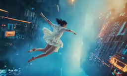 a girl wearing white jumping through the air in front of a light