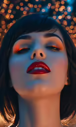 a woman wearing red lipstick and orange makeup