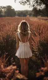 girl standing alone looking at a field of wildflowers