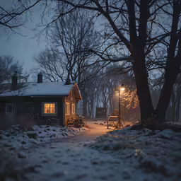 the house at night is lit up by a street light