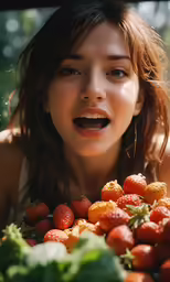 the young girl is looking at a bunch of strawberries