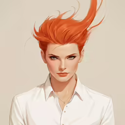 a woman with red hair and blue eyes in front of a neutral background