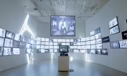 a white display with many square video screens