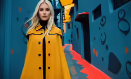 woman posing wearing a bright yellow outfit, black pants and shoes