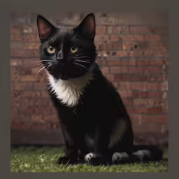 a black and white cat sitting on top of a grass covered field