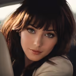 a young woman wearing a white dress with bangs on her head and brown hair