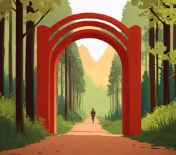 a colorful painting shows a person on a bike going into an arch,an illustration of the entrance to a forest