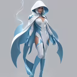 a white and blue female character in a suit