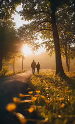 two people are walking in the light of the sunset