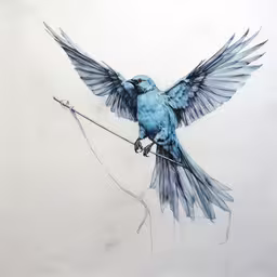 a bird with its wings spread flying above a wire,a blue bird sits on an electrical wire