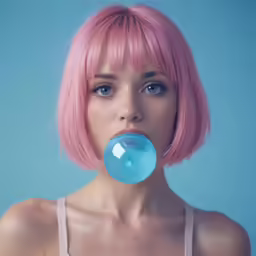 a woman is blowing a blue bubble into her mouth