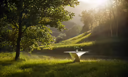 the view of a grassy hill in front of a river and a table
