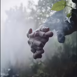 someones hand held over some smoke with trees in the background