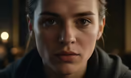 a woman in a black sweater looks into the camera