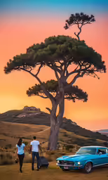 a woman walking with a suitcase next to a tree