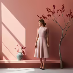 a model stands in front of a tree painted in peach