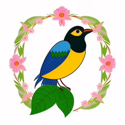 an illustration of a bird on a branch surrounded by flowers,a colorful bird perched on a leaf surrounded by flowers