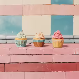 a row of three different cupcakes on top of pink and blue wall