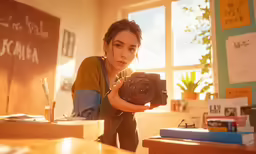 a person standing near desk holding up a camera