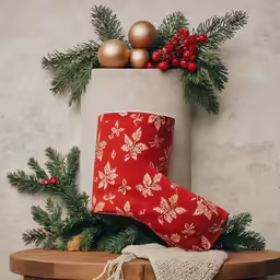 red wrapped christmas stocking in corner with holly wreath