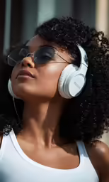 a woman wearing headphones and sun glasses