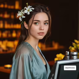 a woman with a flower in her hair holding up a camera
