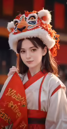 a woman dressed in hanfu and tiger fur hat, with a sign that reads happy new year written underneath it