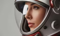 a female wearing a red helmet and looking into the camera