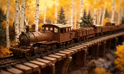 a train on the tracks passing through a yellow forest