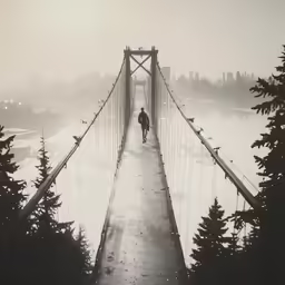 person walking across a bridge covered in mist