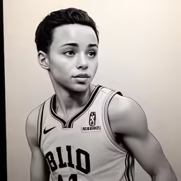 a black and white photo of a person wearing a jersey