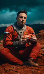 the man is sitting in red space suit with a bird on his hand