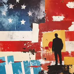 there is a man standing in front of a flag