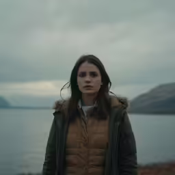 a woman is standing on a beach in the rain