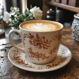 a cup of coffee on a saucer with a spoon
