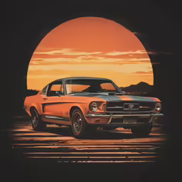 the american muscle mustang is in the middle of an orange sun