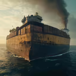 an old ship in the ocean with black smoke billowing out