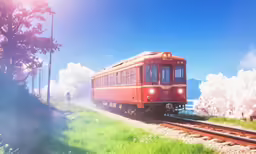 a red train is driving through the countryside