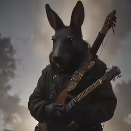 a man with an animal mask and a guitar in his lap