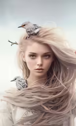 a young woman with long hair and two birds on her head